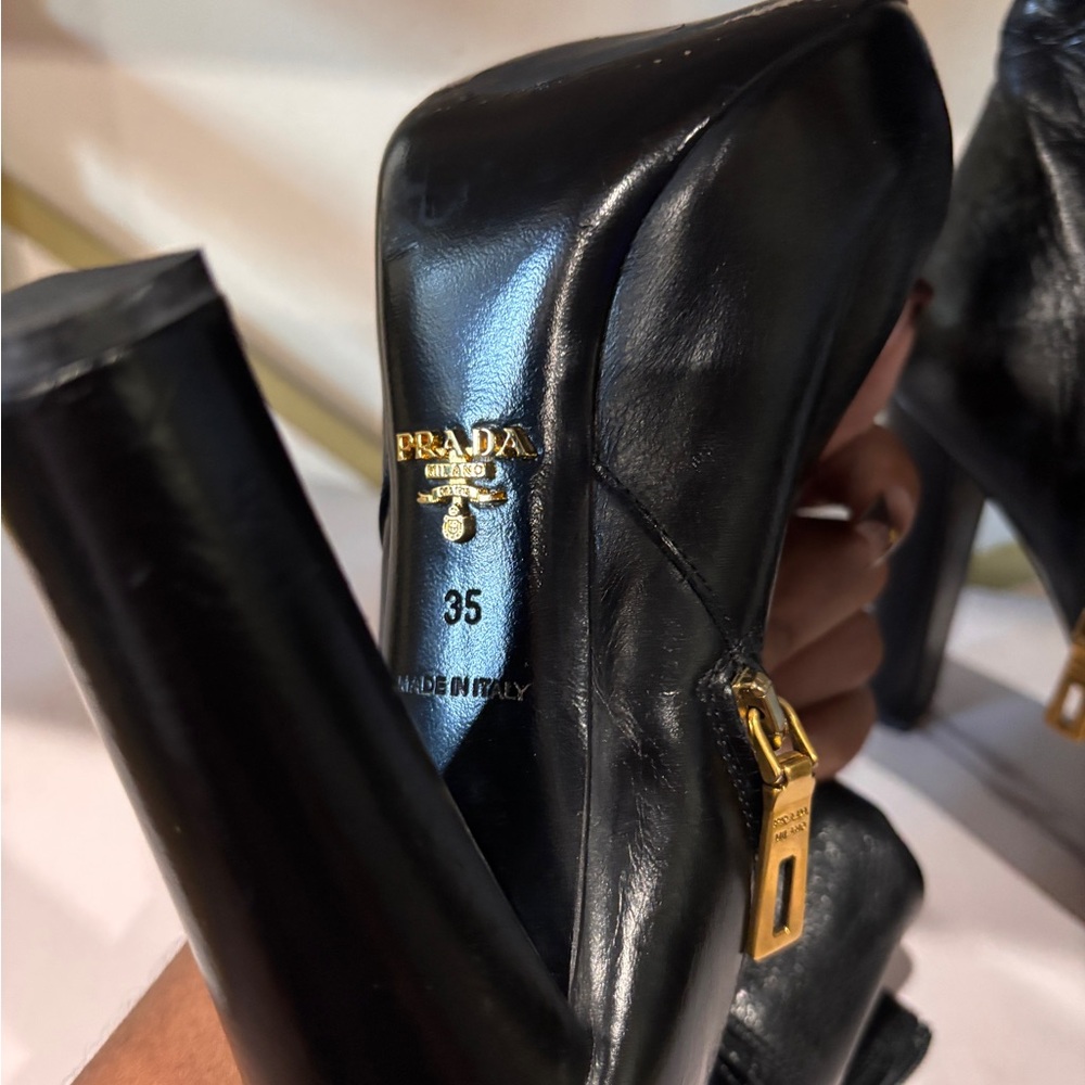 Prada Black Leather Platform Heels with Gold Zipper